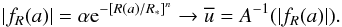 \begin{eqnarray} |f_R(a)| = \alpha {\rm e}^{-\left[R(a)/R_*\right]^n} \to \overline{u} = A^{-1}(|f_R(a)|). \end{eqnarray}