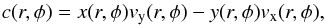 \begin{equation} \label{eq:c} c(r,\phi)=x(r,\phi)v_\mathrm{y}(r,\phi)-y(r,\phi)v_\mathrm{x}(r,\phi), \end{equation}