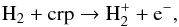 \begin{eqnarray} \ce{H_{2}} + \ce{crp} \to \ce{H_{2}^{+}} + \ce{e^-}, \label{eq:cosmic-ray+H2} \end{eqnarray}