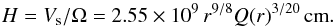 \begin{equation} H= V_{\rm s}/\Omega = 2.55 \times 10^9 \,r^{9/8} Q(r)^{3/20} \, {\rm cm}. \label{gasp} \end{equation}