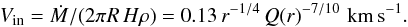 \begin{equation} V_{\rm in}=\dot{M}/(2\pi R \,H\rho)= 0.13\, r^{-1/4}\, Q(r)^{-7/10}\,\,{\rm km\,s^{-1}}. \end{equation}