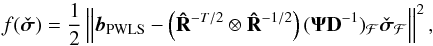 \begin{equation} \label{eq:subproblemMVDR} f(\PWLSsigma) = \frac{1}{2}\left \|\bb_{\text{PWLS}}- \left (\bRh^{-T/2}\otimes \bRh^{-1/2} \right) (\bAt\bD^{-1})_{\MCF}\PWLSsigma_{\MCF}\right \|^2 , \end{equation}