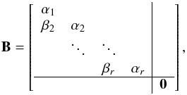 \begin{equation} \bB=\left[\begin{array}{cccc|c} \alpha_1 & & & & \\ \beta_2&\alpha_2 & & & \\ &\ddots&\ddots & & \\ & & \beta_r&\alpha_r &\\ \hline & & & & \zeros\\ \end{array}\right],\\ \end{equation}
