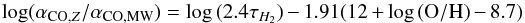 \begin{equation} \label{eq2} \log (\alpha_{{\rm CO}, Z}/\alpha_{\rm CO, MW}) = \log{(2.4 \tau_{H_2})} - 1.91 (12+\log{\rm (O/H)} - 8.7) \end{equation}