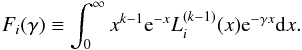 \appendix \setcounter{section}{2} \begin{eqnarray*} F_i(\gamma)\equiv \int_{0}^{\infty}x^{k-1}{\rm e}^{-x}L_i^{(k-1)}(x){\rm e}^{-\gamma x}\dif x. \end{eqnarray*}