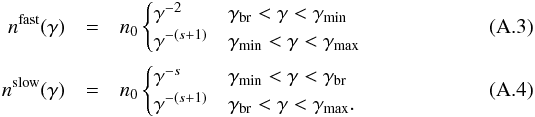 \appendix \setcounter{section}{1} \begin{eqnarray} n^{\rm fast}(\gamma) &= &n_0 \begin{cases} \gamma^{-2} & \gamma_{\rm br}<\gamma<\gamma_{\rm min} \\ \gamma^{-(s+1)} & \gamma_{\rm min}<\gamma<\gamma_{\rm max} \end{cases} \label{eq:fastcooling} \\ n^{\rm slow}(\gamma) &=& n_0 \begin{cases} \gamma^{-s} & \gamma_{\rm min}<\gamma<\gamma_{\rm br} \\ \gamma^{-(s+1)} & \gamma_{\rm br}<\gamma<\gamma_{\rm max}. \end{cases} \label{eq:slowcooling} \end{eqnarray}