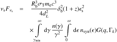 \appendix \setcounter{section}{2} \begin{eqnarray} \nu_{\rm s} F_{\nu_{\rm s}} &=& \, \frac{R_{\rm b}^3\sigma_{\rm T} m_{\rm e} c^3}{4 d_L^2} \delta_{\rm b}^2 (1+z) \epsilon_{\rm s}^2 \nonumber \\ &&\times \intl_{\gamma_{\rm min}}^{\infty} \td{\gamma} \frac{n(\gamma)}{\gamma^2} \intl_0^{\infty} \td{\epsilon} n_{\rm syn}(\epsilon) G(q,\Gamma_k) \label{eq:nuFnussc} \end{eqnarray}