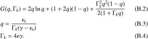 \appendix \setcounter{section}{2} \begin{eqnarray} &&G(q,\Gamma_k) = 2q\ln{q} + (1+2q)(1-q) + \frac{\Gamma_k^2q^2(1-q)}{2(1+\Gamma_kq)} \\ &&q = \frac{\epsilon_{\rm s}}{\Gamma_k(\gamma-\epsilon_{\rm s})} \\ &&\Gamma_k = 4\epsilon\gamma \label{eq:KNparam} . \end{eqnarray}