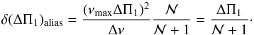 \appendix \setcounter{section}{1} \begin{equation} \ddpialias = {(\numax\deltapi)^{2} \over \Dnu} {\mathcal{N} \over \mathcal{N}+1} = {\deltapi \over \mathcal{N}+1} \cdot \label{deltapi_erreur_trou2} \end{equation}