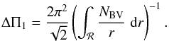 \begin{equation} \deltapi = \frac{2\pi^{2}}{\sqrt{2}}\left(\int_{\mathcal{R}} \frac{\NBV}{r}\; \diff r\right)^{-1}. \label{Brunt_equation} \end{equation}