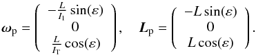 \begin{equation} \boldsymbol{\omega}_{\rm p} = \left( \begin{array}{c} -\frac{L}{I_1}\sin(\varepsilon) \\ 0 \\ \frac{L}{I_{\rm T}}\cos(\varepsilon) \\ \end{array} \right), \quad \vec{L}_{\rm p} = \left( \begin{array}{c} -L\sin(\varepsilon) \\ 0 \\ L\cos(\varepsilon) \\ \end{array} \right). \label{eqn:vel_mom_prec} \end{equation}