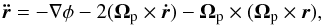 \begin{equation} \label{eq:motion_ant} {\vec{\ddot{r}}=-\nabla \phi} -2(\vec{\Omega}_{\rm p} \times \vec{\dot{r}})-\vec{\Omega}_{\rm p} \times (\vec{\Omega}_{\rm p} \times \vec{r}), \end{equation}