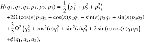 \begin{eqnarray} &&H(q_1,q_2,q_3,p_1,p_2,p_3) = \frac{1}{2}\left(p_1^2+p_2^2+p_3^2\right) \nonumber\\ && \quad+2\Omega\left(\cos(\varepsilon)p_1q_2 -\cos(\varepsilon)p_2q_1 - \sin(\varepsilon)p_2q_3+\sin(\varepsilon)p_3q_2\right) \nonumber\\ & & \quad+\frac{3}{2}\Omega^2\left(q_2^2+\cos^2(\varepsilon)q_1^2+\sin^2(\varepsilon)q_3^2+2\sin(\varepsilon)\cos(\varepsilon)q_1q_3\right) \nonumber\\ && \quad+ \phi(q_1,q_2,q_3), \end{eqnarray}