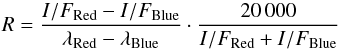 \begin{equation} R=\frac{I/F_{\rm Red}-I/F_{\rm Blue}}{\lambda_{\rm Red}-\lambda_{\rm Blue}}\cdot \frac{20\,000}{I/F_{\rm Red}+I/F_{\rm Blue}} \label{eq:reddening} \end{equation}