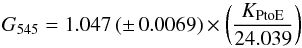 \begin{equation} G_{545} = \gcinq\, (\pm\, 0.0069) \times \left( \frac{K_{\text{PtoE}}}{24.039} \right) \label{g545} \end{equation}