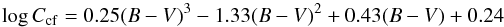 \begin{equation} \log{C_{\rm cf}} = 0.25(B-V)^3 - 1.33(B-V)^2 + 0.43(B-V) + 0.24 \end{equation}