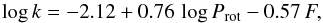 \begin{equation} \log{k} = -2.12 + 0.76 \thinspace \log{P_{\rm rot}} - 0.57 \thinspace F, \label{zheq} \end{equation}