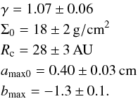 \begin{eqnarray*} &&\gamma = 1.07\pm 0.06 \\ &&\Sigma_0 = 18\pm 2\,\mathrm{g/cm}^2\\ &&R_{\rm c} = 28\pm 3\,\mathrm{AU}\\ &&a_\mathrm{max0} = 0.40\pm 0.03\,\mathrm{cm}\\ &&b_\mathrm{max} = -1.3\pm 0.1. \end{eqnarray*}
