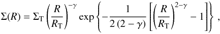 \appendix \setcounter{section}{2} \begin{equation} \Sigma(R) = \Sigma_{\mathrm{T}}\left(\frac{R}{R_{\mathrm{T}}} \right)^{-\gamma}\exp\left\{-\frac{1}{2\left(2-\gamma \right)}\left[\left(\frac{R}{R_{\mathrm{T}}} \right)^{2-\gamma}-1 \right] \right\}\,, \end{equation}
