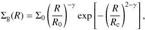 \begin{equation} \label{eq:sigma.parametrization} \Sigma_{\mathrm{g}}(R) = \Sigma_{0}\left(\frac{R}{R_{0}} \right)^{-\gamma} \exp{\left[-\left(\frac{R}{R_{\mathrm{c}}} \right)^{2-\gamma} \right]}\,, \end{equation}