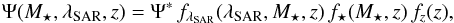 \begin{equation} \Psi(M_\star,\sar,z) = \Psi^* \,f_\sar(\sar,M_\star,z)\,f_\star(M_\star,z)\,f_z(z), \label{eq:psi_me} \end{equation}