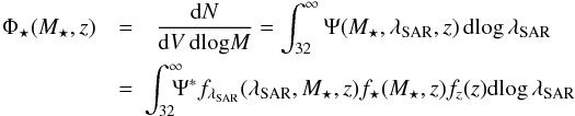 \begin{eqnarray} \Phi_\star(M_\star,z)& = & \frac{{\rm d}N}{{\rm d}V\,{\rm dlog} M}=\int_{32}^\infty \Psi(M_\star,\sar,z)\, {\rm dlog}\,\sar \nonumber\\ & =&\!\!\! \int_{32}^\infty\!\! \!\!\Psi^* f_\sar(\sar,M_\star,z)f_\star(M_\star,z)f_z(z) {\rm dlog}\,\sar \ \label{eq:hgmf} \end{eqnarray}