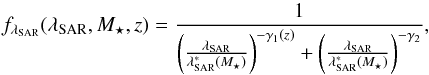 \begin{equation} f_\sar(\sar,M_{\star},z) = \frac{1}{\left(\frac{\sar}{\lambda^*_{\rm SAR}(M_{\star})}\right)^{-\gamma_1(z)} + \left(\frac{\sar}{ \lambda^*_{\rm SAR}(M_{\star})}\right)^{-\gamma_2} }, \label{eq:dpl} \end{equation}