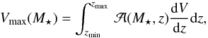 \begin{equation} V_{\rm max}(M_\star) =\int_{z_{\rm min}}^{z_{\rm max}} \, \mathcal{A}(M_\star,z)\frac{{\rm d}V}{{\rm d}z}{\rm d}z , \end{equation}