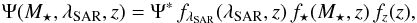 \begin{equation} \Psi(M_\star,\sar,z) = \Psi^* \,f_\sar(\sar,z)\,f_\star(M_\star,z)\,f_z(z), \label{eq:psi_me1} \end{equation}