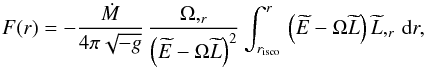 \begin{equation} F(r) = - \frac{\dot{M}}{4\pi \sqrt{-g}}\,\frac{\Omega,_{r}}{\left(\widetilde{E}-\Omega\widetilde{L}\right)^{2}} \int^{r}_{r_{{\rm isco}}} \, \left(\widetilde{E}-\Omega\widetilde{L}\right) \widetilde{L},_{r} \,{\rm d}r, \label{eq:flux_relativistic_disk} \end{equation}