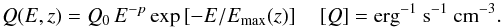 \begin{equation} Q(E,z) = Q_0\, E^{-p} \exp\left[-E/E_{\rm max}(z)\right] \quad [Q] = \rm{erg}^{-1} ~\rm{s}^{-1}~ \rm{cm}^{-3}. \label{eq:injection_rel_particles} \end{equation}