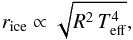 \begin{equation} \label{eq:r_ice} r_{\rm ice} \propto \sqrt{ R^2 \, T_{\rm eff}^4 } , \end{equation}