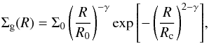 \begin{equation} \label{eq:sigma.parametrization} \Sigma_{\mathrm{g}}(R) = \Sigma_{0}\left(\frac{R}{R_{0}} \right)^{-\gamma} \exp{\left[-\left(\frac{R}{R_{\mathrm{c}}} \right)^{2-\gamma} \right]}, \end{equation}