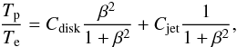 \begin{eqnarray} \label{eq:temp_ratio} \frac{T_{\rm p}}{T_{\rm e}}= C_{\rm disk} \frac{\beta^2}{1+\beta^2} + C_{\rm jet} \frac{1}{1+\beta^2}, \end{eqnarray}