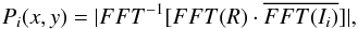 \begin{equation} \label{eq:tip_tilt} P_i(x,y)=|FFT^{-1}[FFT(R)\cdot\overline{FFT(I_i)}]|, \end{equation}