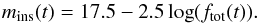 \begin{equation} \label{eq:inst_mag} m_{\mathrm{ins}}(t)=17.5-2.5\log(f_{\mathrm{tot}}(t)). \end{equation}