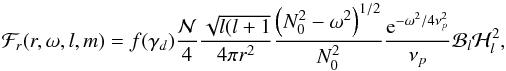 \begin{equation} \mathcal{F}_r(r,\omega,l,m)=f(\gamma_d) \frac{\mathcal{N}}{4} \frac{\sqrt{l(l+1}}{4 \pi r^2}\frac{\left(N_0^2-\omega^2\right)^{1/2}}{N_0^2} \frac{{\rm e}^{-\omega^2/4 \nu_{p}^2}}{\nu_{p}} \mathcal{B}_l \mathcal{H}_l^2 , \label{spectral wave energy flux} \end{equation}
