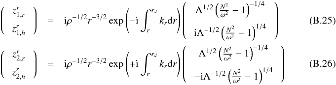 \appendix \setcounter{section}{2} \begin{eqnarray} \left( \:\begin{array}{c} z_{1,r}^r\vspace{0.2cm}\\ z_{1,h}^r \end{array} \:\right) &=&{\rm i}\rho^{-1/2} r^{-3/2}\exp\left(- {\rm i} \int_r^{r_d} k_r \mathrm{d}r\right) \left( \:\begin{array}{c} \Lambda^{1/2}\left( \frac{N^2}{\omega^2}-1\right)^{-1/4}\vspace{0.2cm}\\ {\rm i}\Lambda^{-1/2} \left( \frac{N^2}{\omega^2}-1\right)^{1/4} \end{array} \:\right)\label{y_1^r}~~~~~~~~~~~~~~~~~~~~\\ \left( \:\begin{array}{c} z_{2,r}^r\vspace{0.2cm}\\ z_{2,h}^r \end{array} \:\right) &=&{\rm i}\rho^{-1/2} r^{-3/2}\exp\left(+ {\rm i} \int_r^{r_d} k_r \mathrm{d}r\right) \left( \:\begin{array}{c} \Lambda^{1/2}\left( \frac{N^2}{\omega^2}-1\right)^{-1/4}\vspace{0.2cm}\\ -{\rm i}\Lambda^{-1/2} \left( \frac{N^2}{\omega^2}-1\right)^{1/4} \end{array}\:\right)~~~~~~~~~~~~~~~~~~~~ \end{eqnarray}