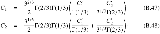 \appendix \setcounter{section}{2} \begin{eqnarray} C_1&=&\frac{3^{2/3}}{2} \Gamma(2/3)\Gamma(1/3)\left( \frac{C_1^\prime}{\Gamma(1/3)}-\frac{C_2^\prime}{3^{1/3}\Gamma(2/3)}\right) \label{C_1}\\ C_2&=&\frac{3^{1/6}}{2} \Gamma(2/3)\Gamma(1/3)\left( \frac{C_1^\prime}{\Gamma(1/3)}+\frac{C_2^\prime}{3^{1/3}\Gamma(2/3)}\right)\cdot \label{C_2} \end{eqnarray}