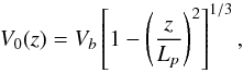 \begin{equation} V_0(z)=V_b\left[1-\left(\frac{z}{L_{p}}\right)^2\right]^{1/3} , \label{vitesse panache penetration} \end{equation}