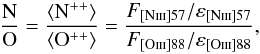 \begin{equation} \label{eq:NO ratio abundance m1-67} \frac{\mathrm{N}}{\mathrm{O}}=\frac{\langle \mathrm{N}^{++}\rangle} {\langle \mathrm{O}^{++}\rangle} =\frac{F_{\rm[N{\textsc {iii}}]57}/\varepsilon_{\rm[N{\textsc {iii}}]57}} {F_{\rm[O{\textsc {iii}}]88}/\varepsilon_{\rm[O{\textsc {iii}}]88}} , \end{equation}