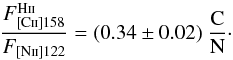 \begin{equation} \label{eq:cnratio m1-67} \frac{F_{\rm [C{\textsc {ii}}]158}^{\rm H{\textsc {ii}}}}{F_{\rm [N{\textsc {ii}}]122}}= (0.34 \pm 0.02) \ \frac{\mathrm{C}}{\mathrm{N}} \cdot \end{equation}