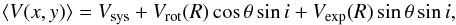 \begin{equation} \langle V(x,y)\rangle = V_{\rm sys} + V_{\rm rot}(R)\cos\theta\sin i+ V_{\rm exp}(R)\sin\theta\sin i, \label{eqn:model} \end{equation}