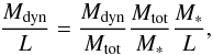 \begin{equation} \frac{M_{\rm dyn}}{L}=\frac{M_{\rm dyn}}{M_{\rm tot}}\frac{M_{\rm tot}}{M_*}\frac{M_*}{L}, \end{equation}