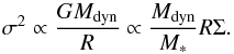 \begin{equation} \sigma^2\propto\frac{GM_{\rm dyn}}{R}\propto \frac{M_{\rm dyn}}{M_*}R\Sigma. \label{equa:star} \end{equation}