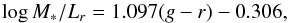 \begin{equation} \log M_*/L_r=1.097(g-r)-0.306, \end{equation}