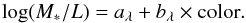 \begin{equation} \log(M_*/L) = a_\lambda+b_\lambda \times {\rm color}. \end{equation}