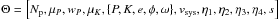 \hbox{$ \Theta = \left[ N_{\rm p}, \mu_P, w_P, \mu_K, \{P, K, e, \phi, \omega\}, v_{\rm sys}, \eta_1, \eta_2, \eta_3, \eta_4, s \right] $}