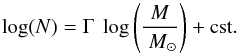 \begin{equation} \log({N})=\Gamma~\log\left(\frac{M}{~M_{\odot}}\right)+\rm cst. \label{eq:mf} \end{equation}
