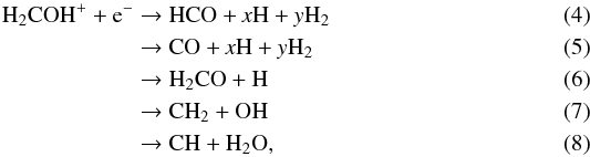 \begin{eqnarray} \rm{H_2COH^+ + e^-} &\rightarrow& \rm{HCO + {\it x} H + {\it y} H_2}\label{br3}\\ &\rightarrow& \rm{CO + {\it x} H+ {\it y} H_2}\\ &\rightarrow& \rm{H_2CO + H}\\ &\rightarrow& \rm{CH_2 + OH}\\ &\rightarrow& \rm{CH + H_2O,} \end{eqnarray}